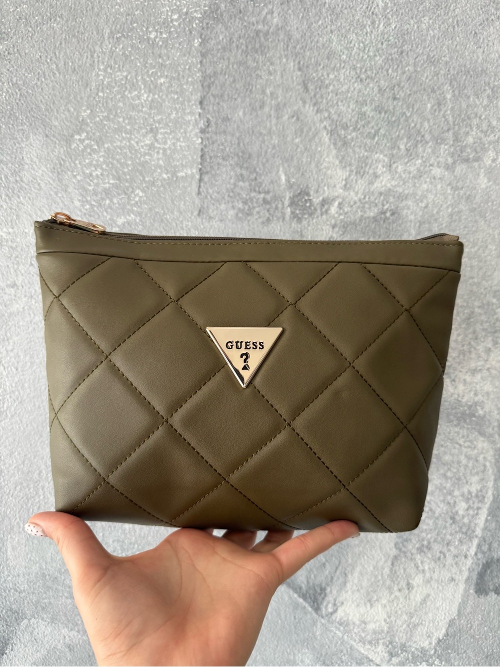 Guess Olive Quilted Makeup Pouch with Gold Logo